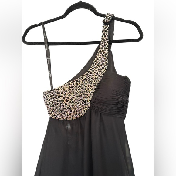 Jovani Black Chiffon One Shoulder Jewel Strap Ruched Bust Back Cut Out Size 2 - Picture 3 of 4
